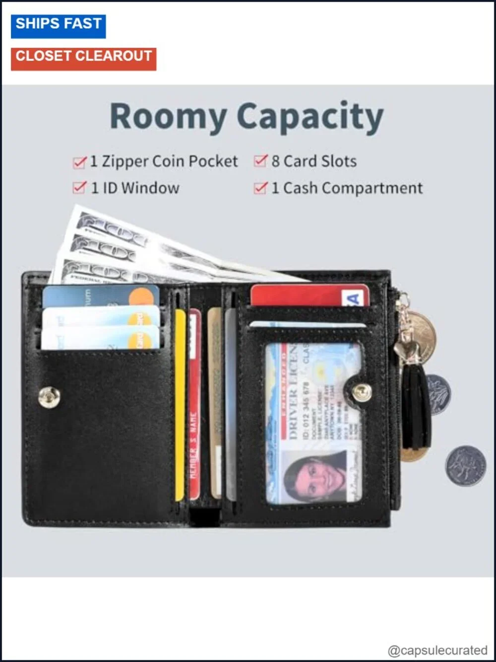 Women's RFID Slim Wallet with 8 Card Slots, Snap Closure, Keychain Tassel